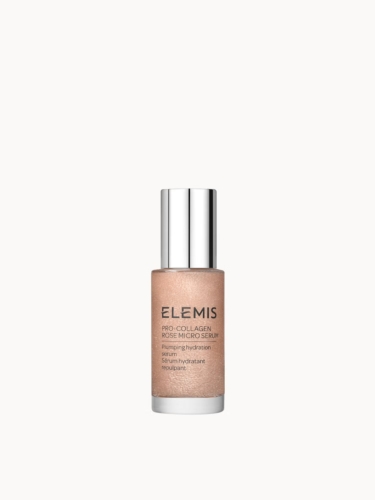 Elemis Pro-Collagen Rose Micro Serum in 30ml bottle, showcasing the elegant packaging and serum applicator.