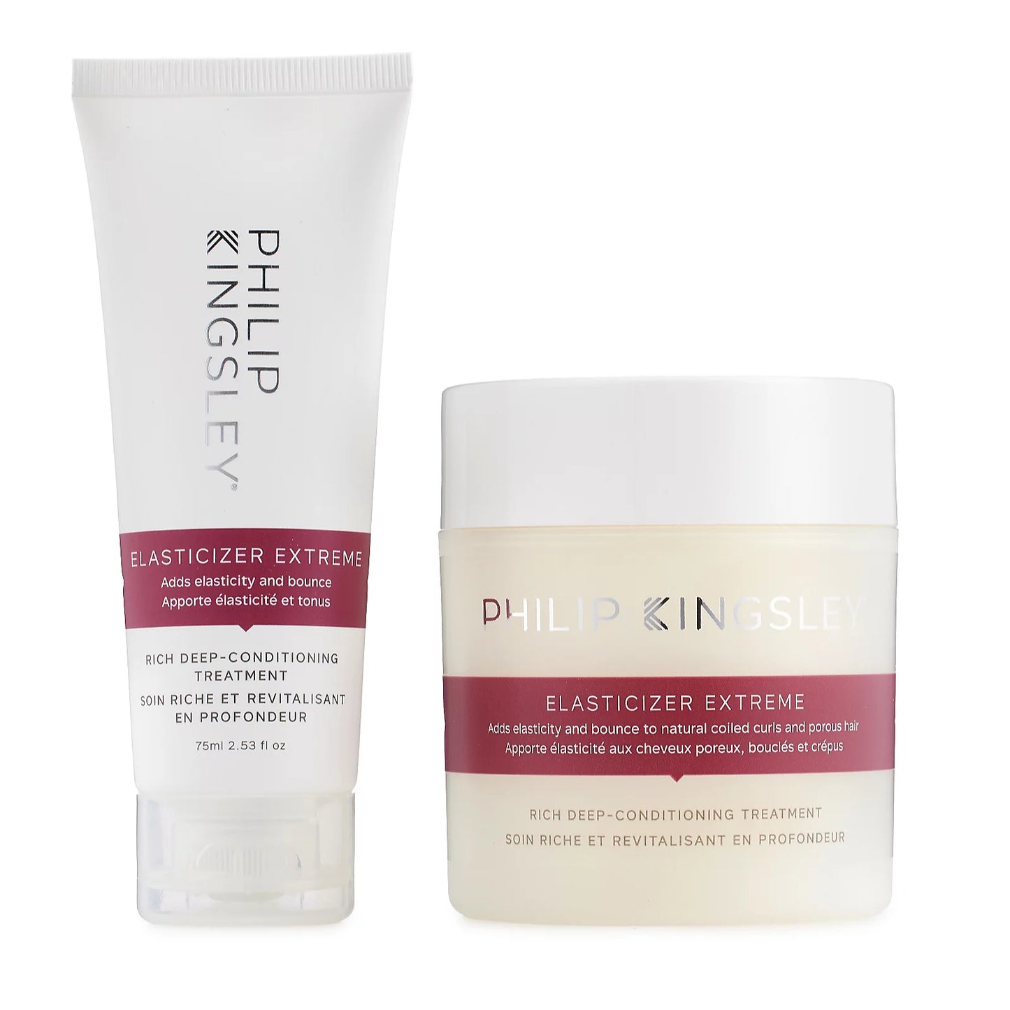 Philip Kingsley Elasticizer Extreme deep conditioning treatment set, featuring a white squeeze tube and a white jar with a maroon label band on a white background.