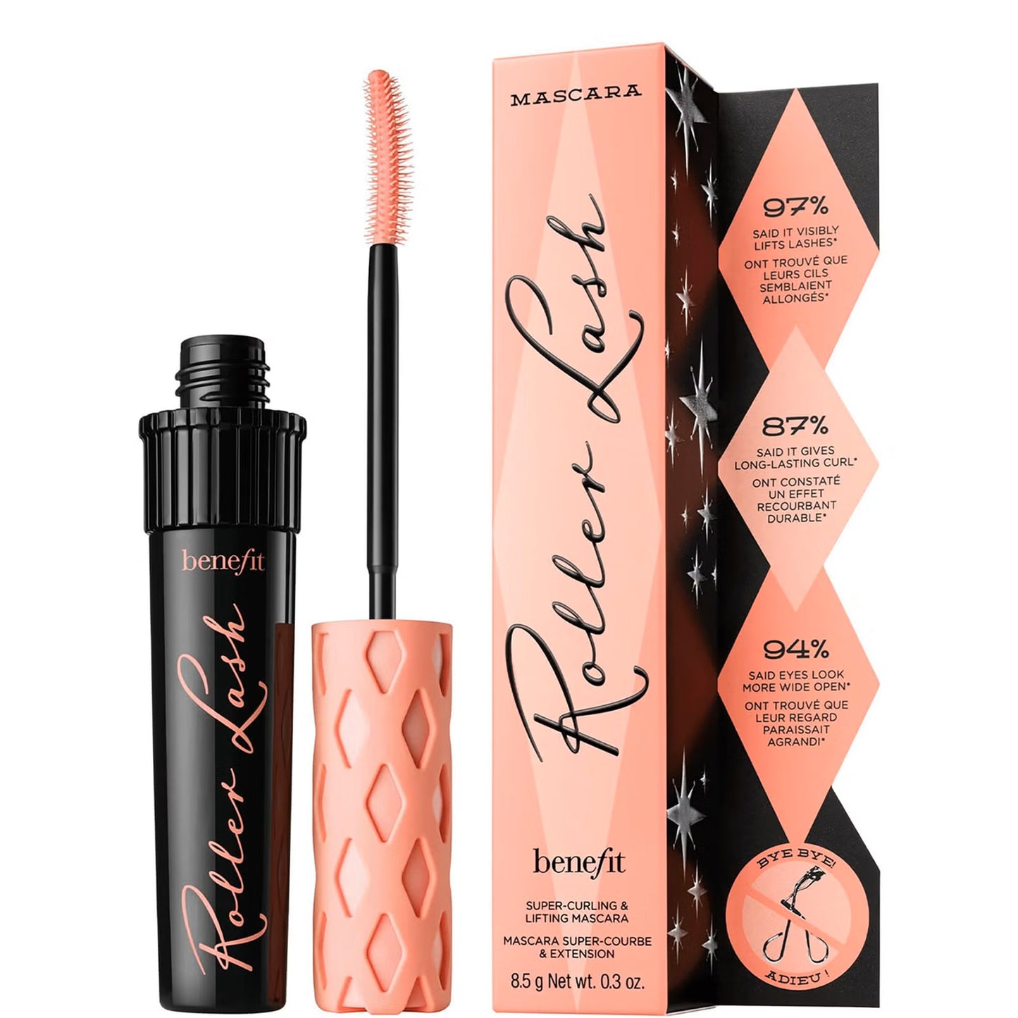 Benefit Roller Lash Lifting and Curling Mascara in black, 8.5g, showcasing a brush with curled, lifted eyelashes on a natural eye makeup look.