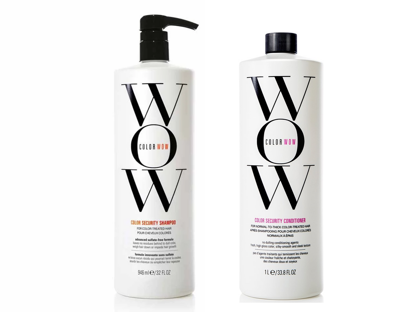 Color Wow Dream Clean shampoo and conditioner for normal to thick hair, 946ml shampoo and 1-liter conditioner bottles.