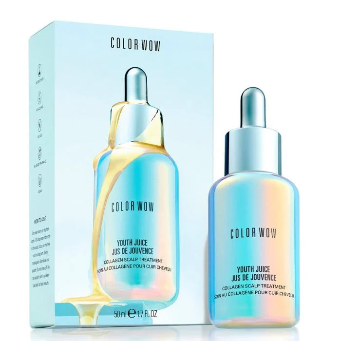 Color Wow Youth Juice Collagen Scalp Treatment bottle, 50ml, a skin care product designed to promote scalp health and collagen support.