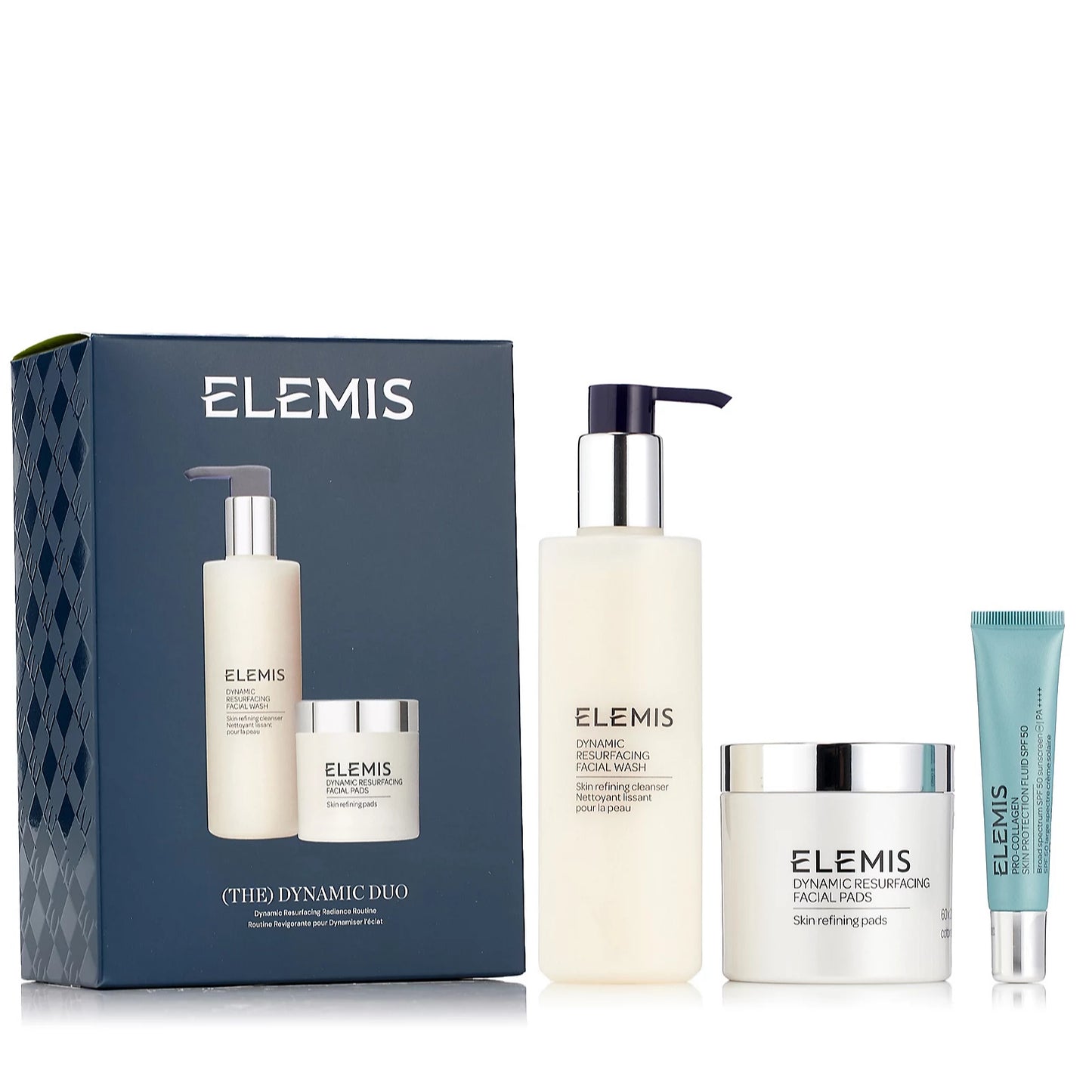 Elemis 3-piece facial cleanser gift set with exfoliating and brightening products for healthy skin.