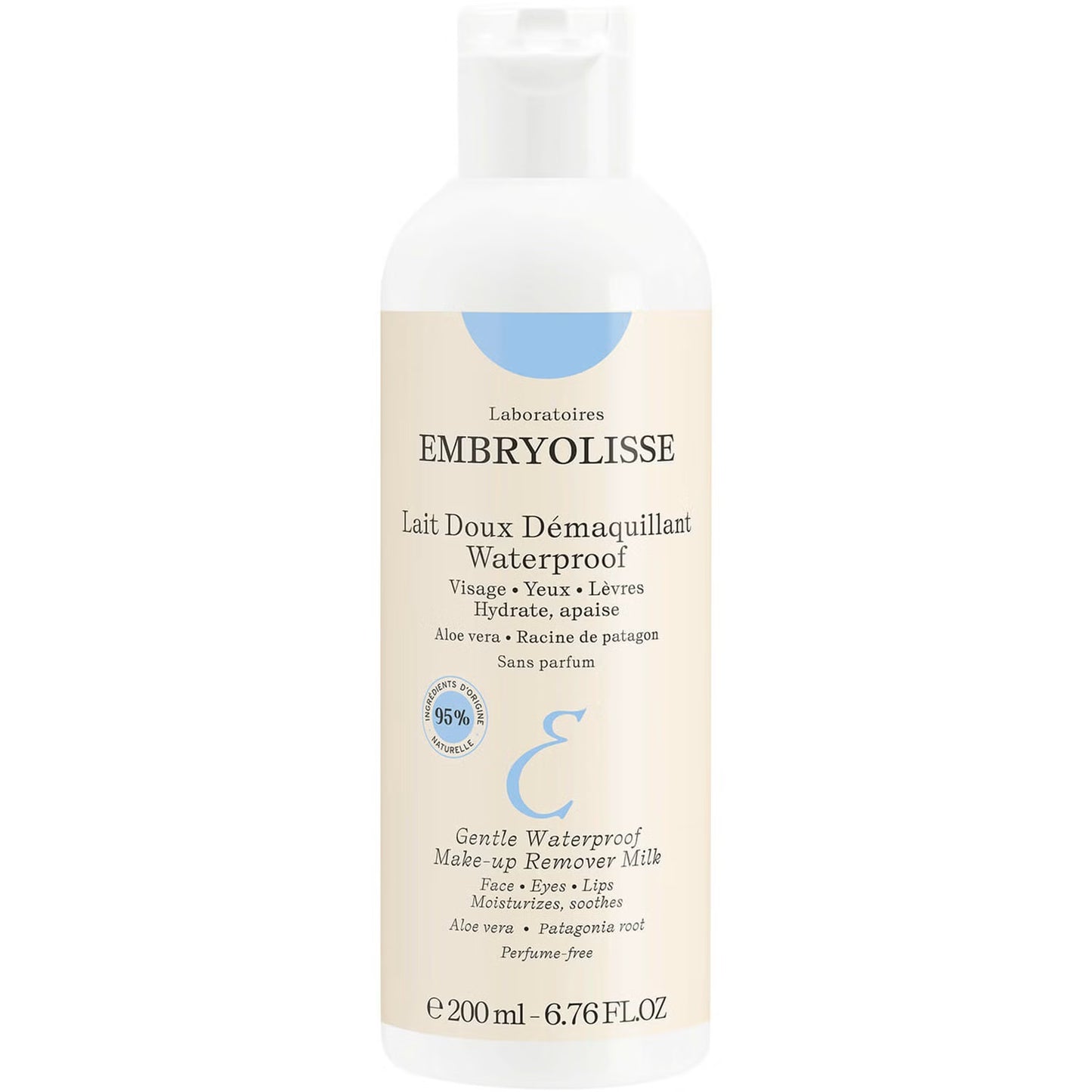 Embryolisse Gentle Waterproof Make-up Remover Milk 200ml bottle with a soft pump dispenser and white packaging.