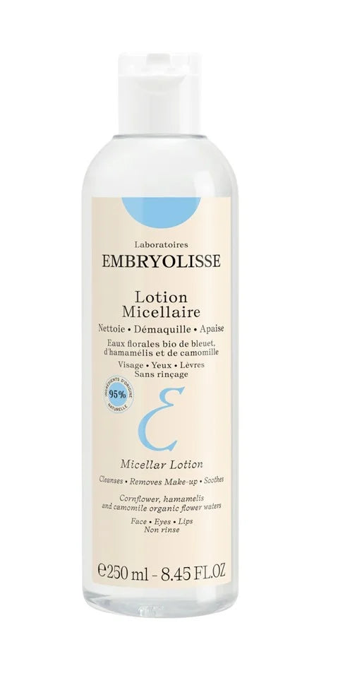 Embryolisse Makeup Remover Micellar Lotion in a 250ml bottle, gentle cleanser for removing makeup and impurities from the skin.