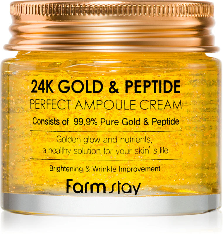 Farmstay 24K Gold & Peptide Perfect Ampoule Cream, 80ml, nourishing skin care cream with gold and peptides for radiant skin.