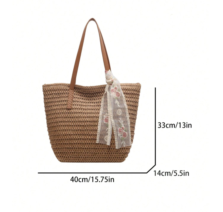 Women's woven raffia tote bag by Grace Beauty, stylish handbag with natural woven texture and spacious interior.