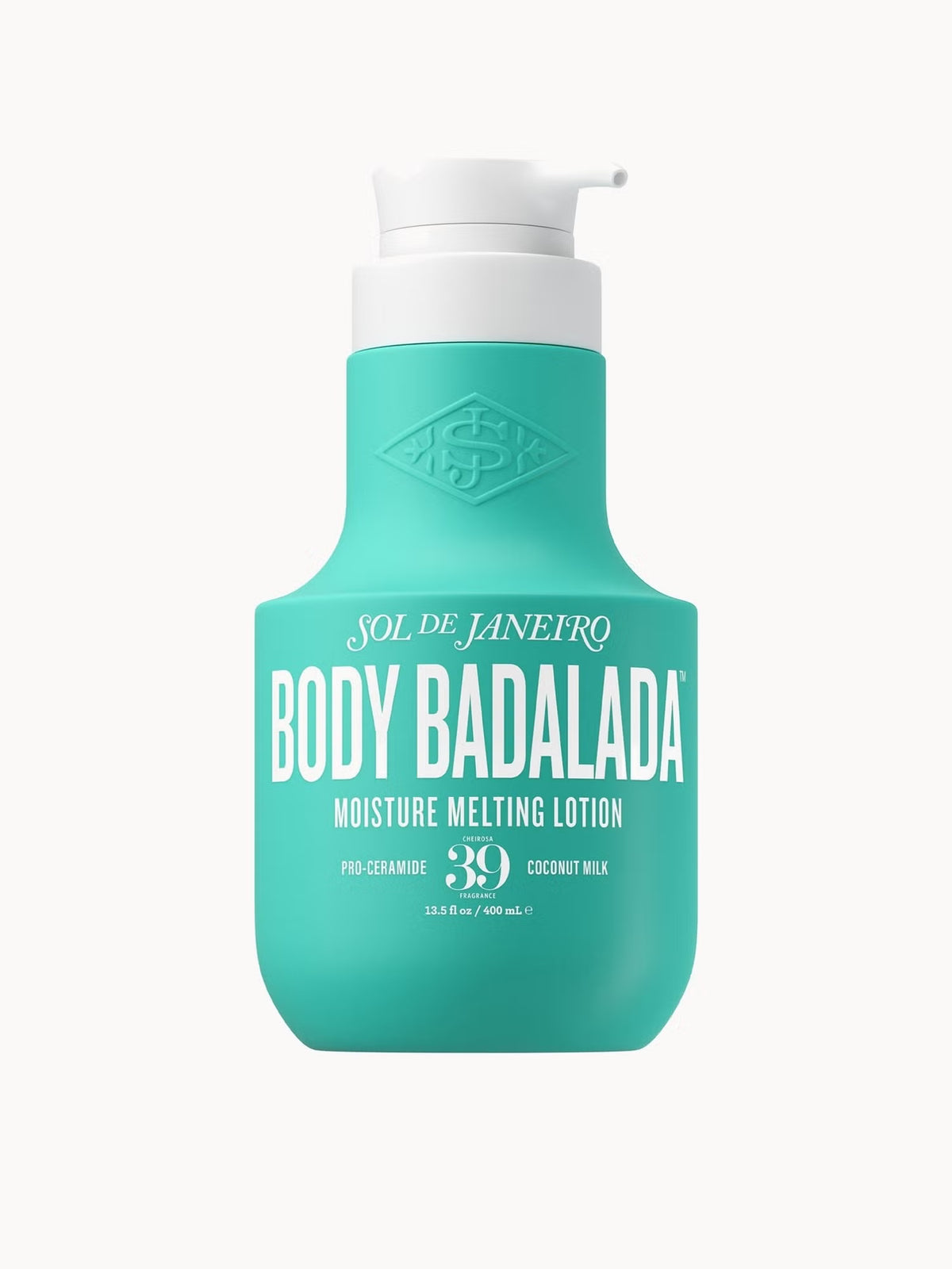 Sol de Janeiro Body Badalada '39 Lotion bottle shown in a bathroom setting, highlighting the luxurious bath and body product.