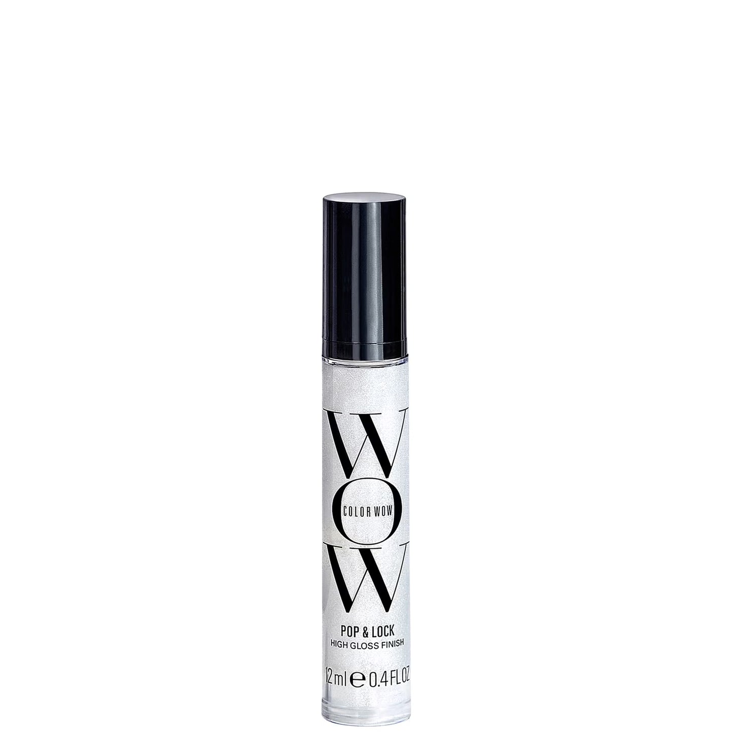 Color Wow Pop and Lock high gloss finish serum for shiny, sleek hair, shown in a clear bottle with dropper applicator.