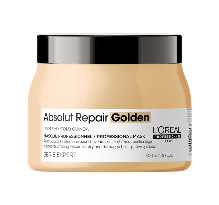 L'Oréal Paris Serie Expert Absolut Repair lightweight golden hair mask in 500ml jar, smooth and repair damaged hair.