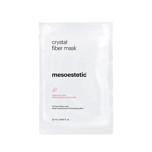 Mesoestetic Post Peel Crystal Fiber Mask for sensitive skin, designed for professional skincare recovery and hydration.