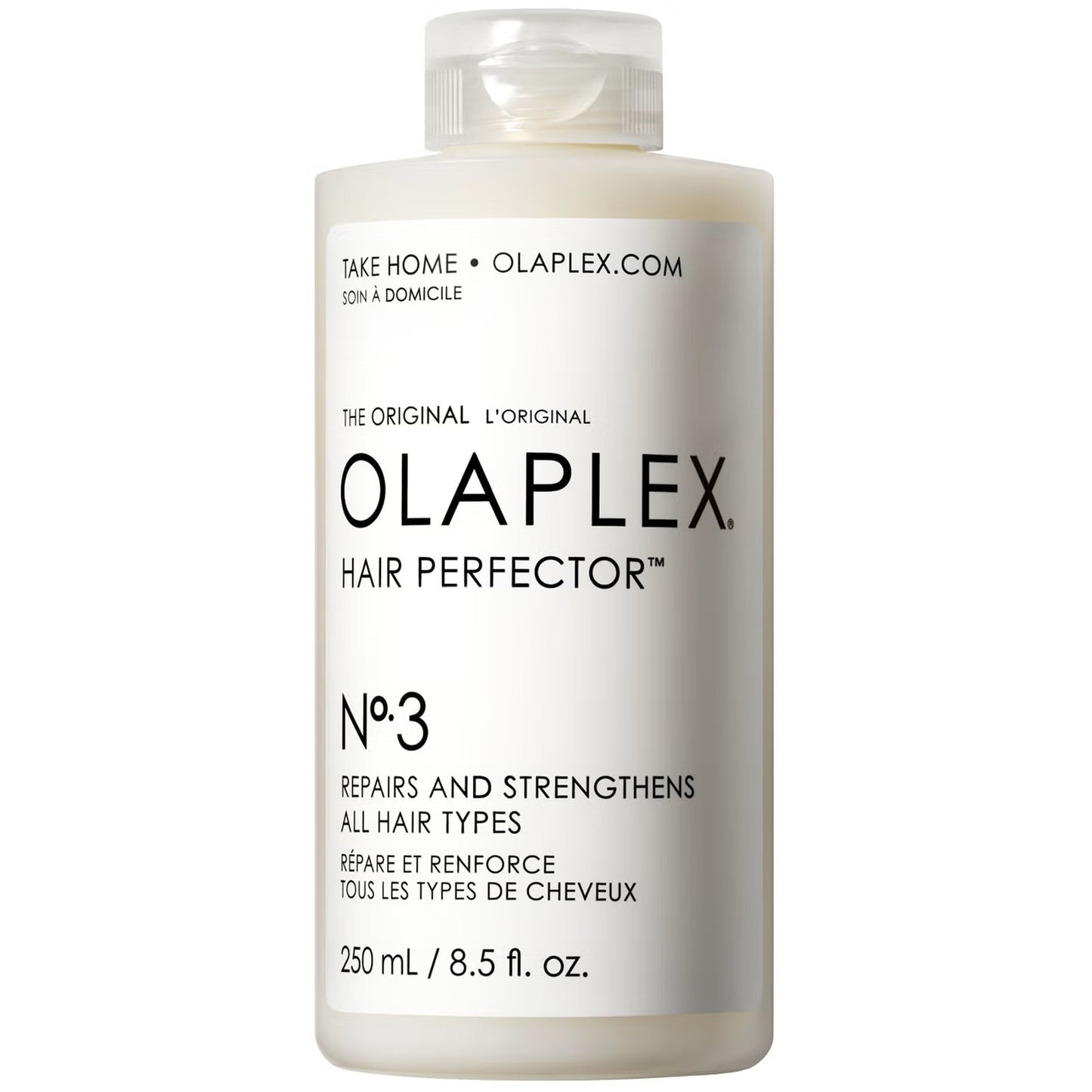 Olaplex No. 3 Hair Perfector bottle showing pre-shampoo strengthening and reparative treatment for damaged hair.