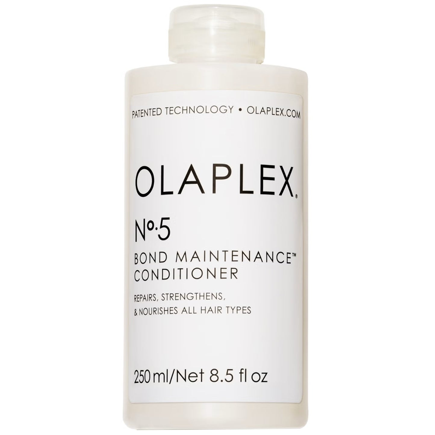 Olaplex No. 5 Bond Maintenance hair conditioner, 250ml, for strengthening and repairing damaged hair, in a white bottle.