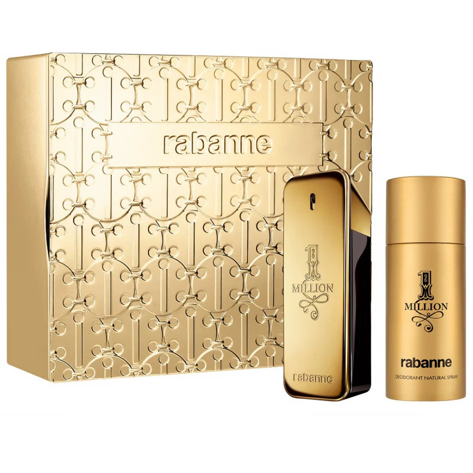 Paco Rabanne 1 Million 100ml EDT spray and shower gel set with gold-colored packaging and branding on the bottles