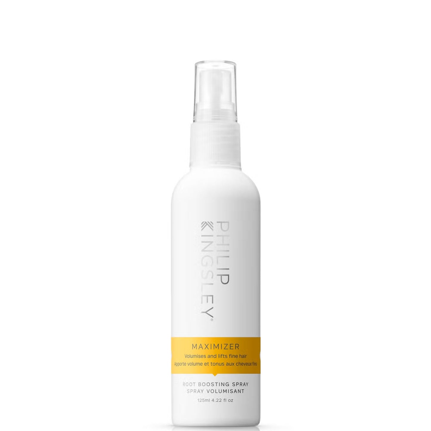 Philip Kingsley Maximizer Root Volumising Spray bottle showing 125ml size, designed to add volume and fullness to hair.