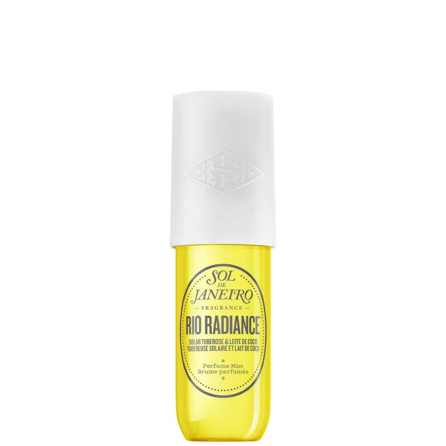 Sol de Janeiro Rio Radiance Perfume Mist 90ml bottle with floral and citrus accents, showcasing vibrant packaging and elegant design.