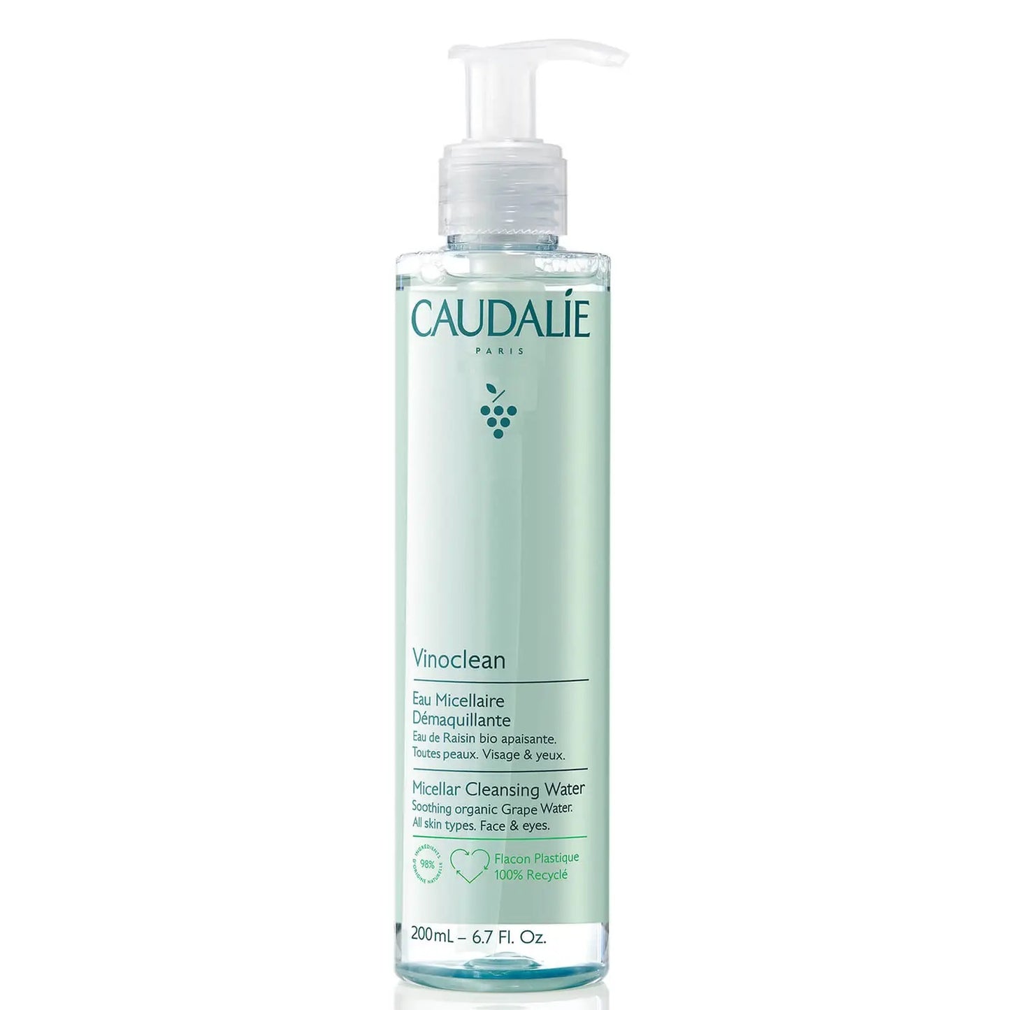 Caudalie Vinoclean Micellar Cleansing Water in 200ml bottle, gentle skin care product for removing makeup and impurities.