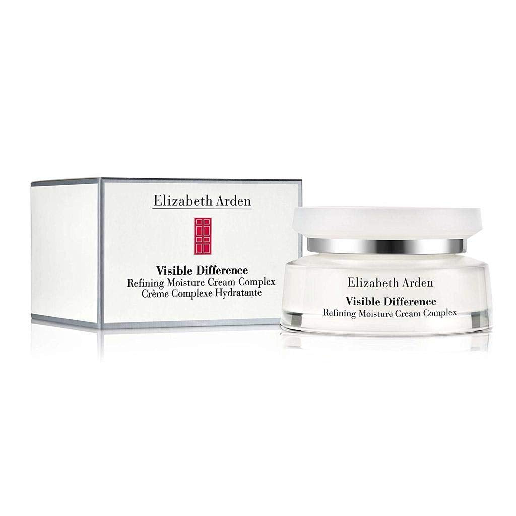 Two bottles of Elizabeth Arden Visible Difference Refining Moisture Cream Complex, 75ml, showing the skin care product packaging.