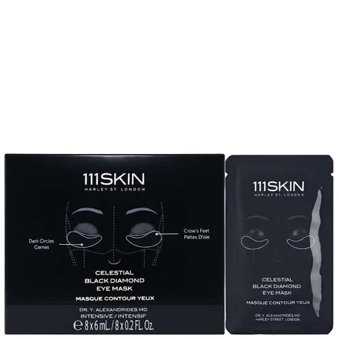 111SKIN Harley's London Celestial Black Diamond Eye Mask shown with its black outer box and a single black eye mask sachet on a plain white background.