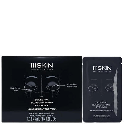 111SKIN Harley's London Celestial Black Diamond Eye Mask shown with its black outer box and a single black eye mask sachet on a plain white background.
