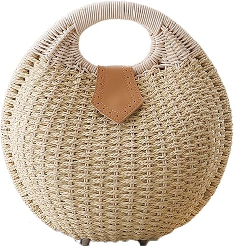 Round woven straw bag with a leather tag on a white background