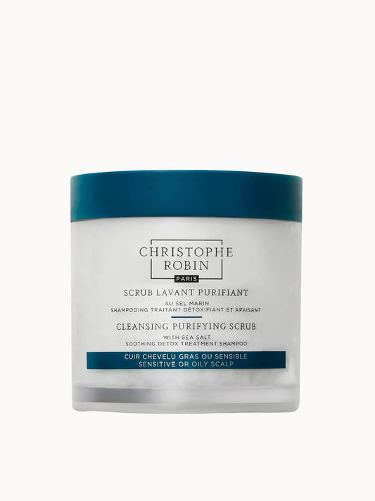 Christophe Robin Cleansing Purifying Scrub with Sea Salt in 250ml bottle, showing the hair care product with a textured scrub appearance