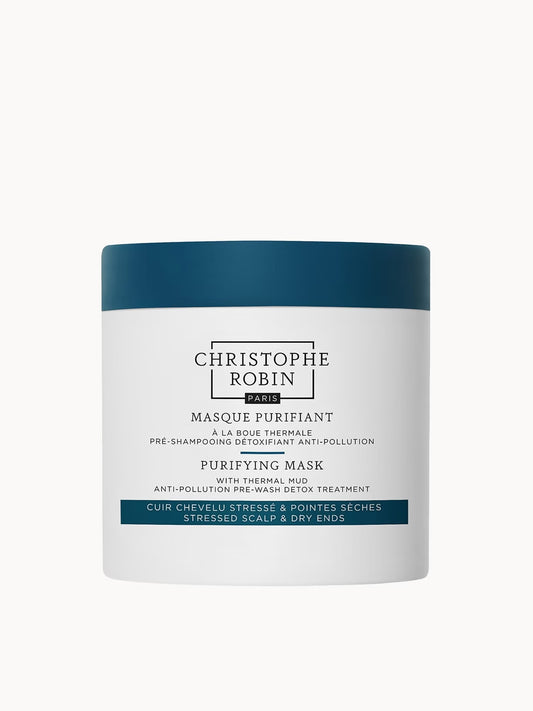 Christophe Robin Purifying Hair Mask with Thermal Mud in 250ml jar, showcasing the container and product label.