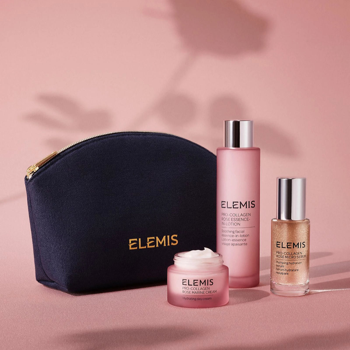 ELEMIS Pro-Collagen Rose Firm & Hydrate 3-piece skincare collection with creams and serums, featuring rose scent and luxurious packaging.