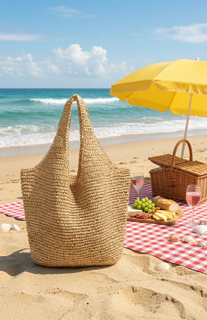 A large woven straw tote bag stands on a sandy beach in front of an ocean scene with a yellow umbrella, picnic blanket, basket, and food.