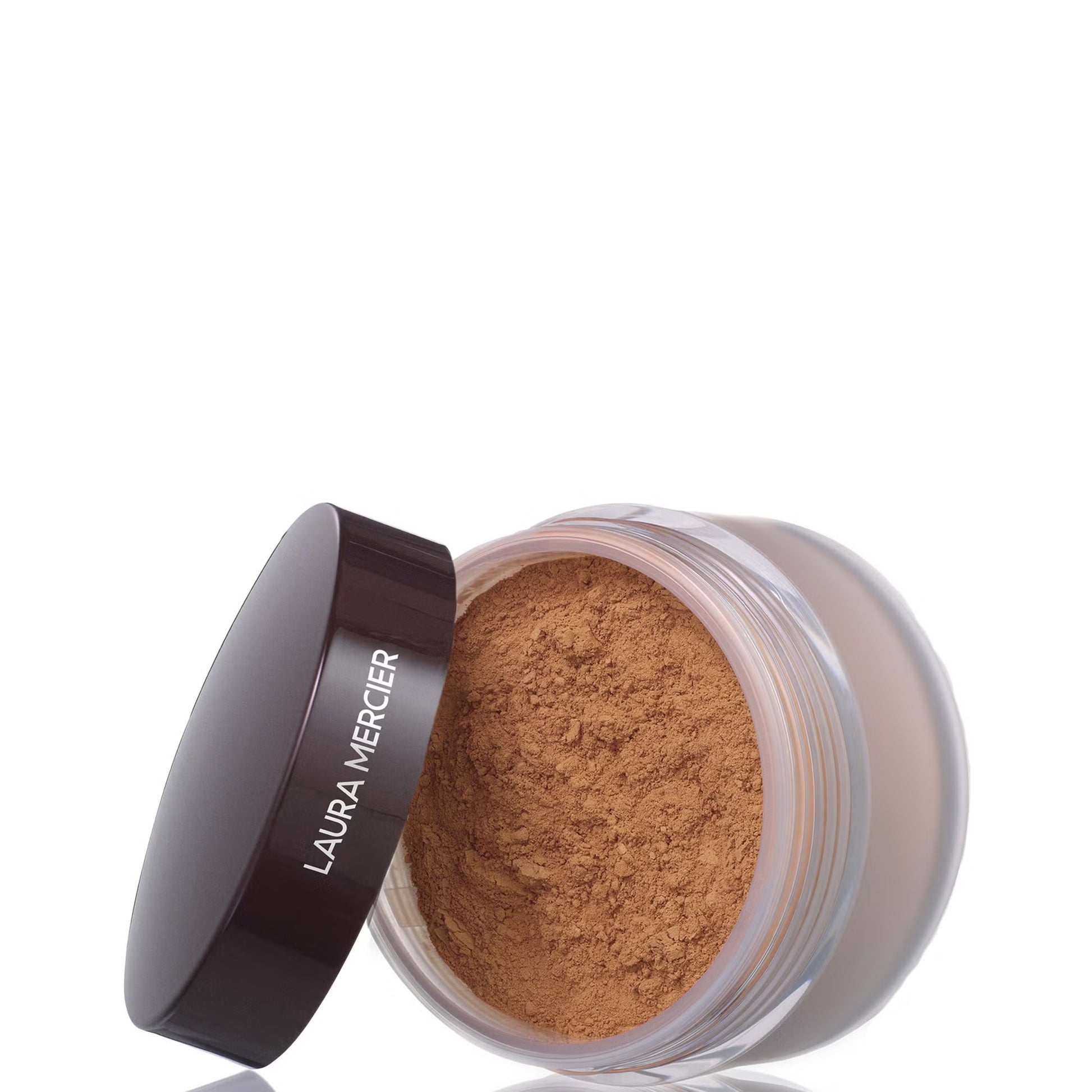 Laura Mercier Translucent Loose Setting Powder in shade 29g, showing the fine, silky makeup powder in a clear jar with a sifter.