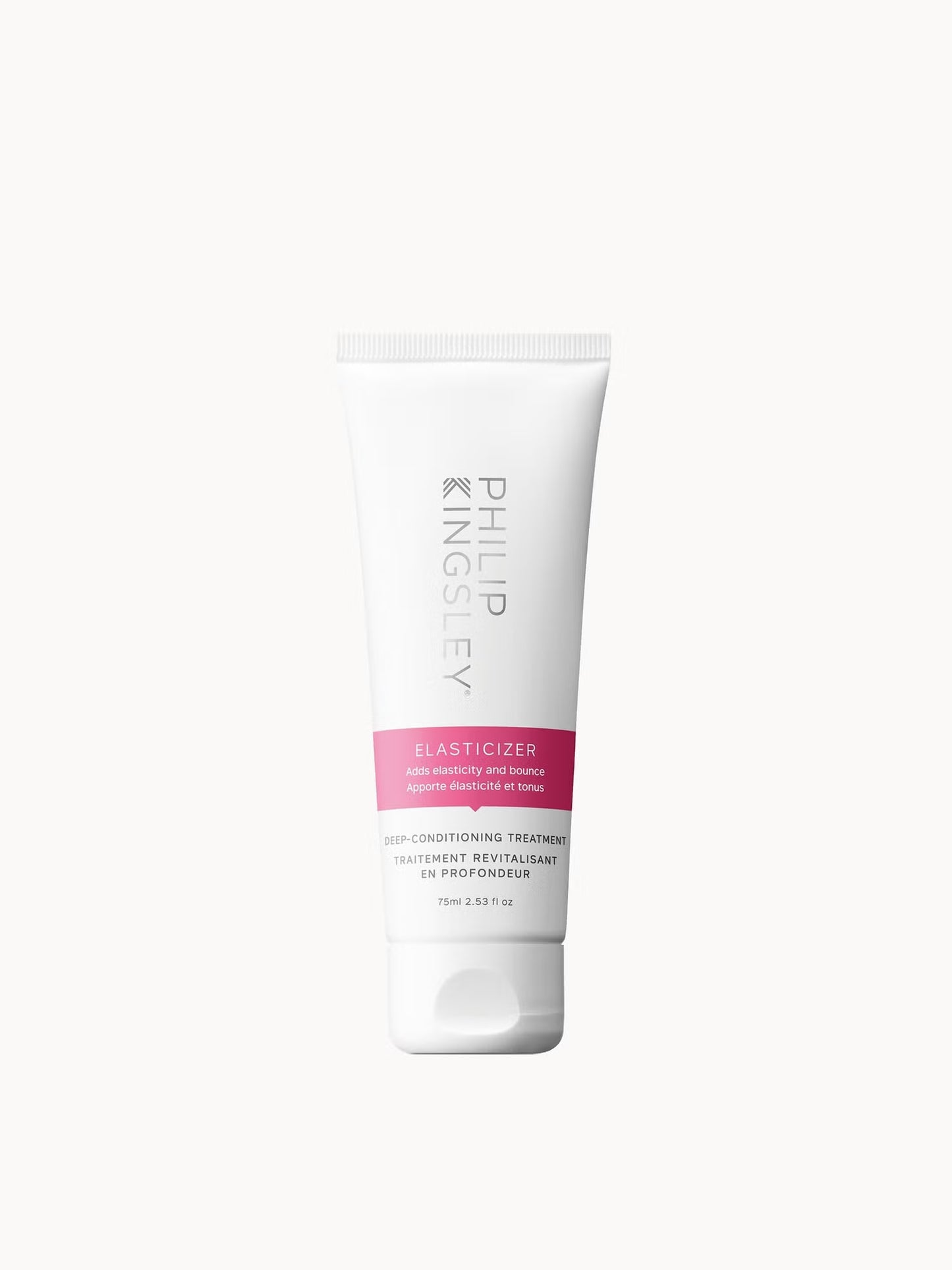 Philip Kingsley Elastimizer hair conditioning treatment in a white squeeze tube with a pink label band, centered on a light gray background.