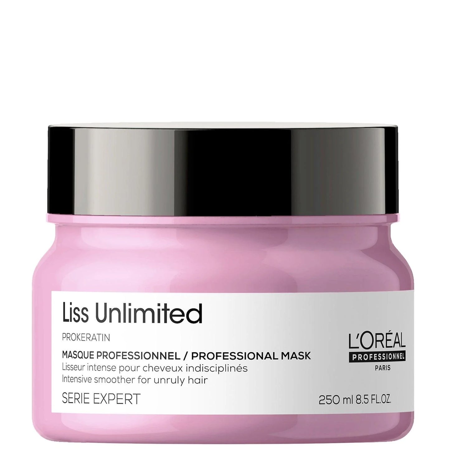 L'Oreal Liss Unlimited hair mask jar on a white background