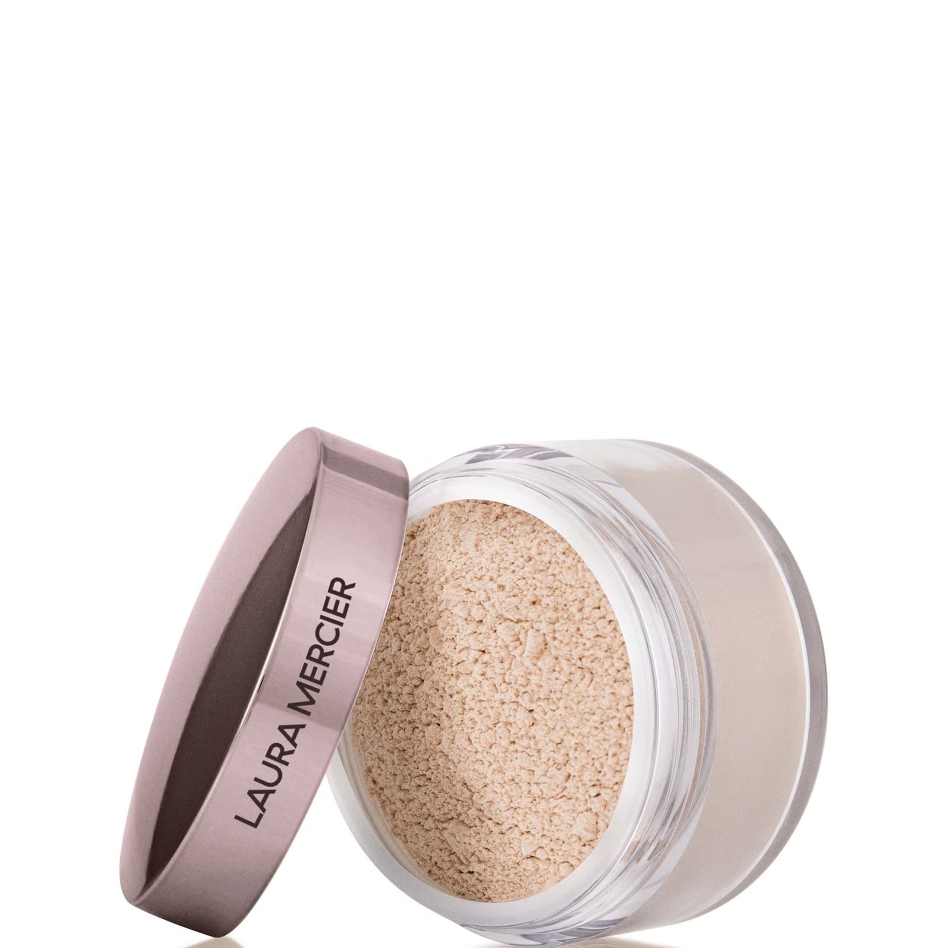Laura Mercier Translucent Loose Setting Powder in rose shade, showing the lightweight, finely milled makeup powder in a clear jar.