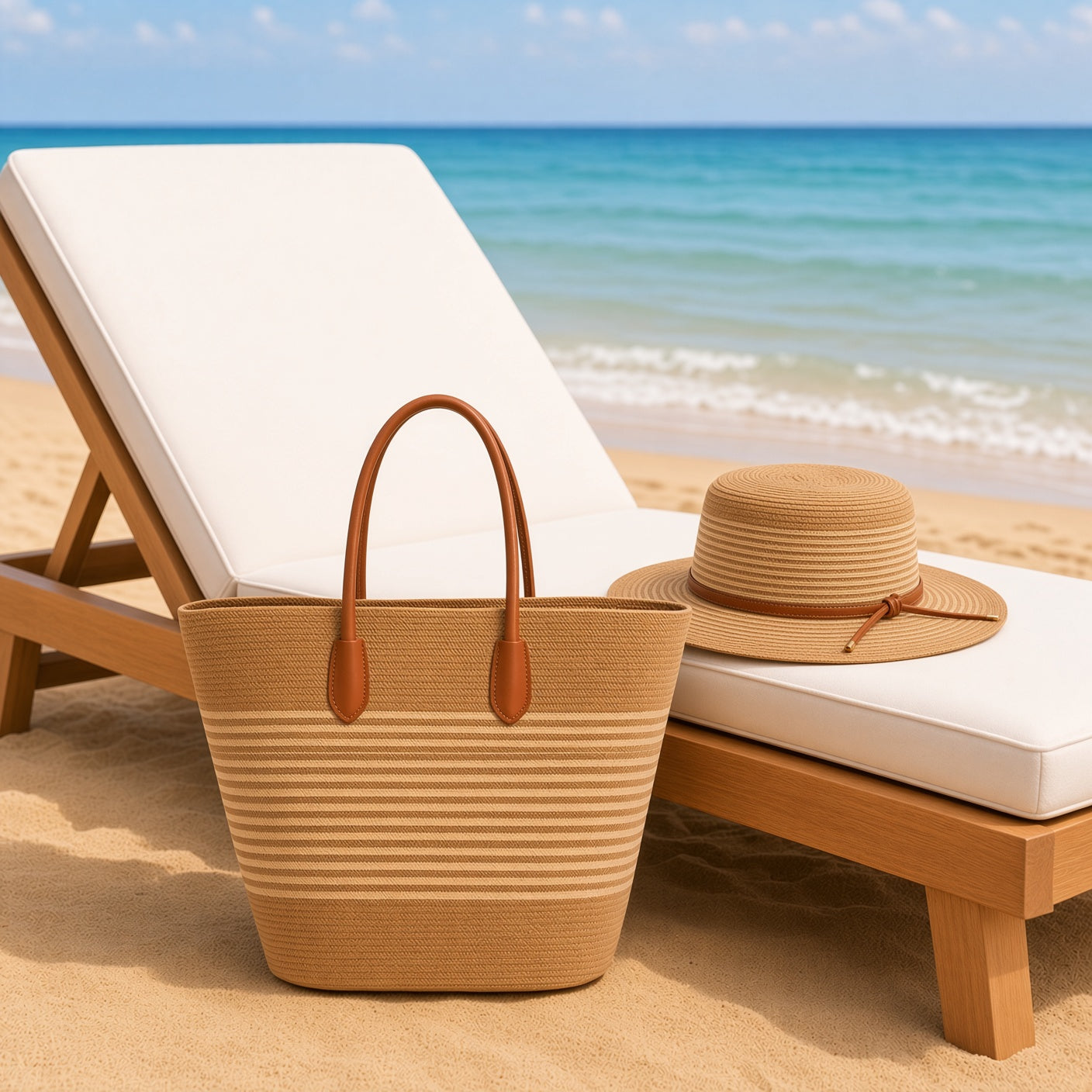 Raffia beach bag and straw hat set by Grace Beauty, showing a woven tote and wide-brim straw hat for summer outings.