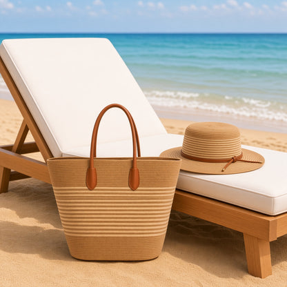 Raffia beach bag and straw hat set by Grace Beauty, showing a woven tote and wide-brim straw hat for summer outings.