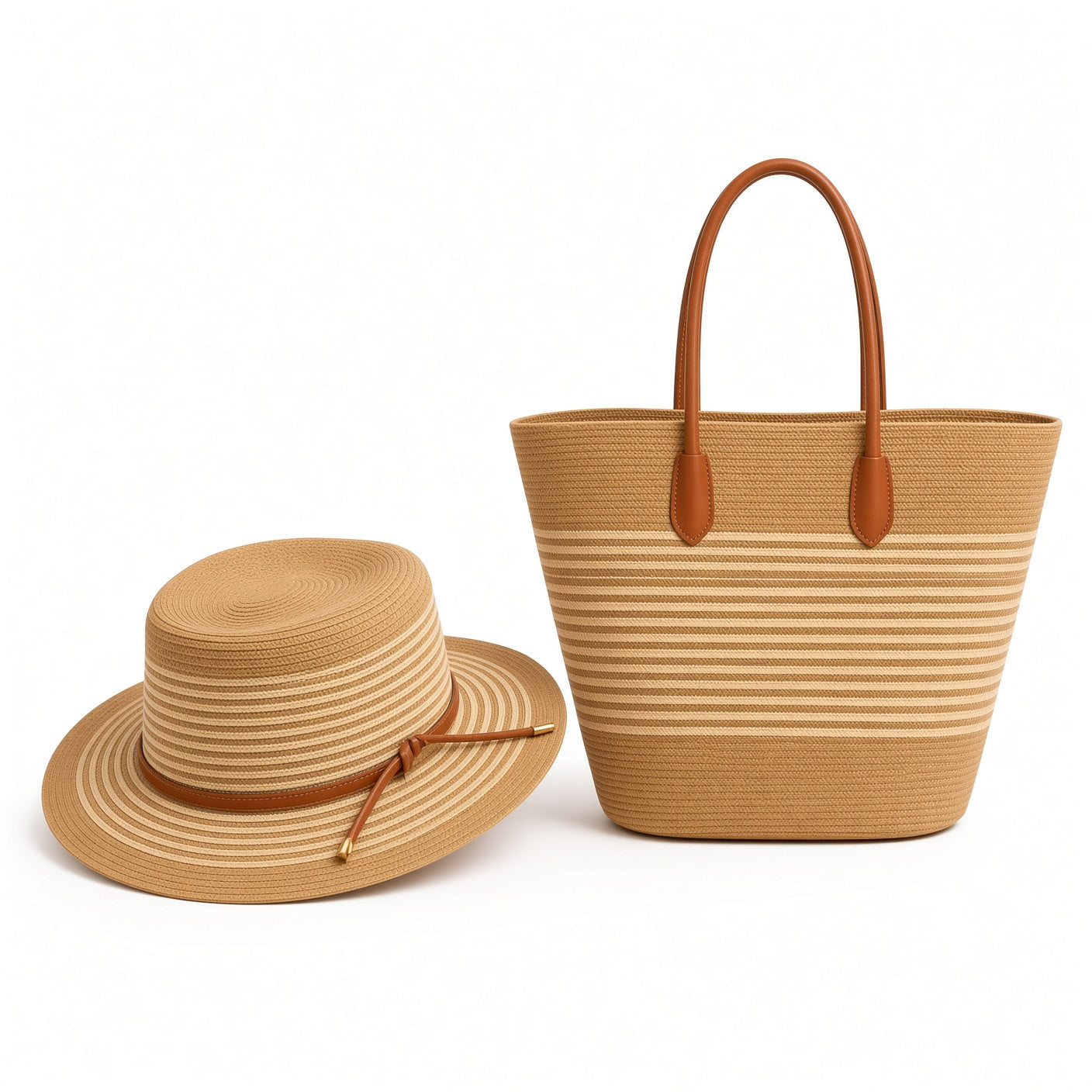 Raffia beach bag and straw hat set by Grace Beauty, featuring a woven handbag and wide-brim straw hat for summer outings.