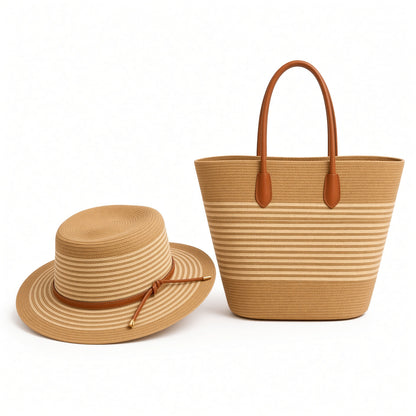Raffia beach bag and straw hat set by Grace Beauty, featuring a woven handbag and wide-brim straw hat for summer outings.