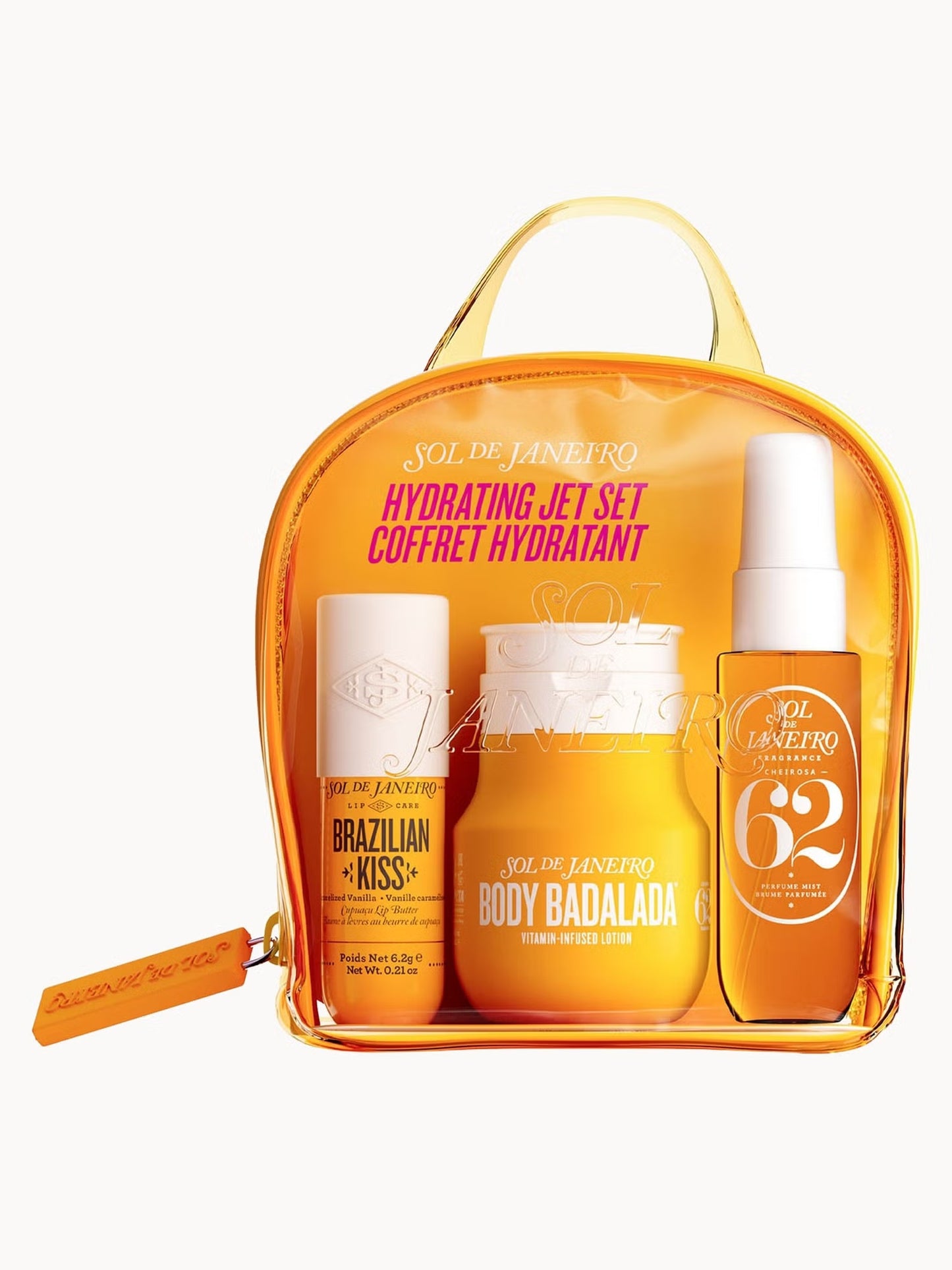 Sol de Janeiro Hydrating Jet Set Cheriosa 62 bath and body products, including moisturizer and body cream, in a colorful set.