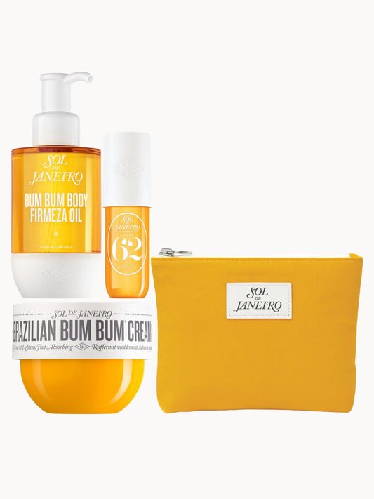 Sol de Janeiro Summer Body Icons Bundle featuring Bum Bum Cream, Firmeza Oil, Cheirosa 62 perfume, and a canvas bag.