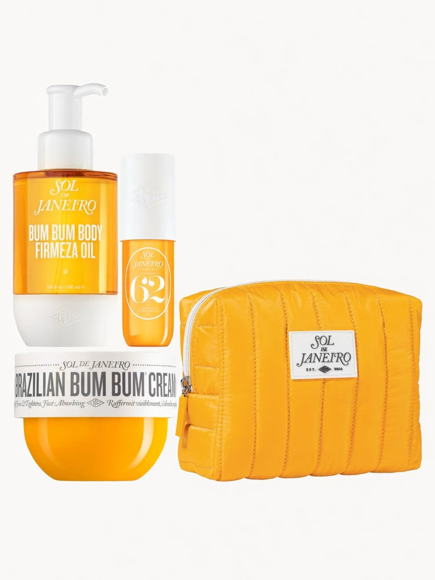 Sol de Janeiro Summer Body Icons Bundle with Bum Bum Cream, Firmeza Oil, Cheirosa 62 fragrance, and canvas bag.