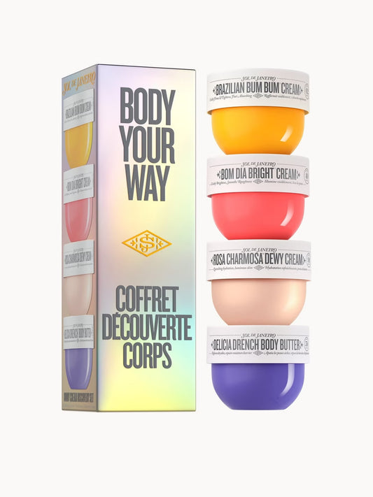Sol de Janeiro Your Way Body Cream Set featuring various luxurious bath and body creams in colorful packaging.