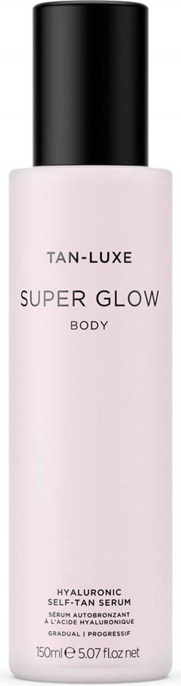 Tan-Luxe Super Glow Body Hyaluronic Self-Tan Serum in 150ml bottle, featuring a tan-tinted liquid with a pump dispenser.