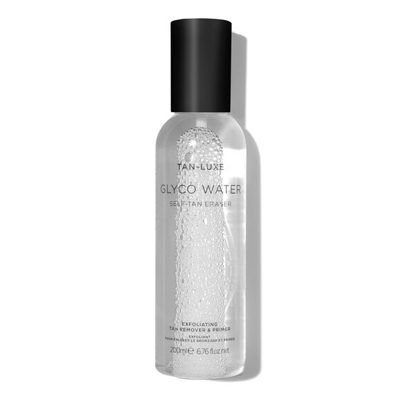Tan-Luxe Glyco Water exfoliating tan remover and primer in 200ML bottle, with clear liquid and pump dispenser.