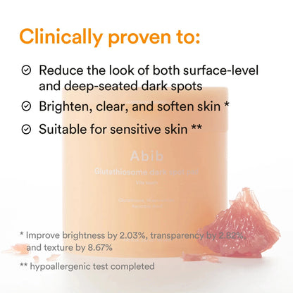 Abib Glutathiosome Dark Spot Pad Vita Touch, 60 skin care pads for brightening and dark spot treatment in a close-up image