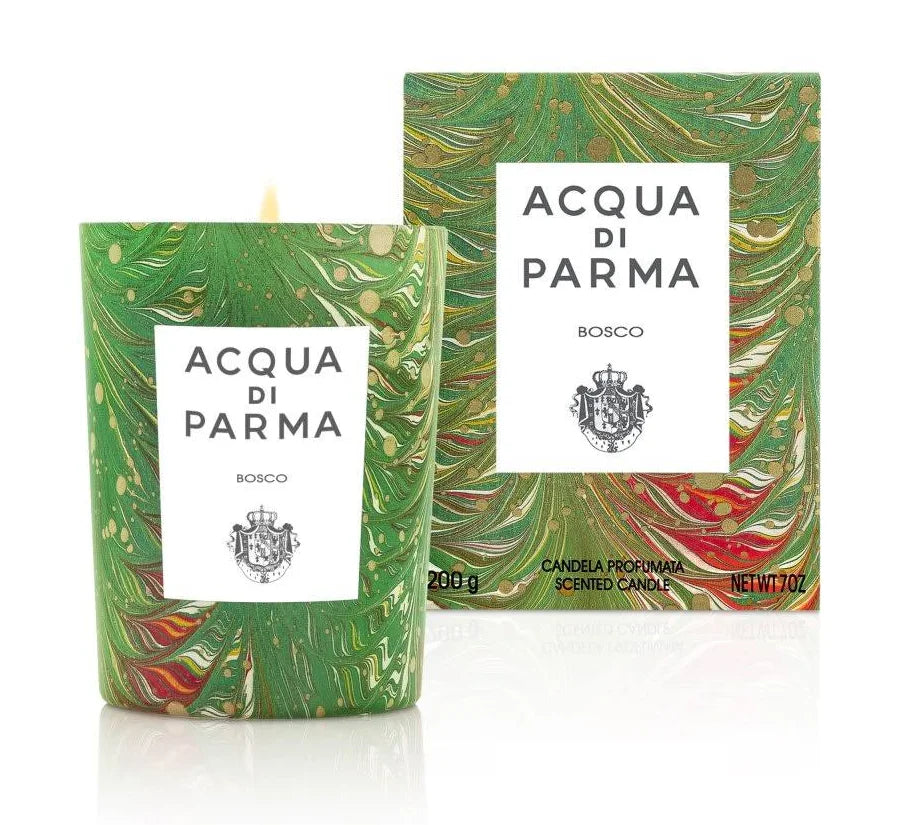 Acqua di Parma Bosco Candle 200g with a sleek glass holder and elegant design, emitting a warm, woody fragrance.
