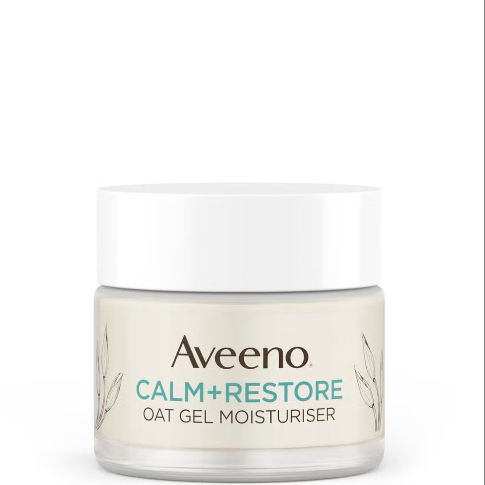 Aveeno Face Calm and Restore Oat Gel Moisturizer 50ml in a clear jar with a white lid, showing the soothing skincare product.