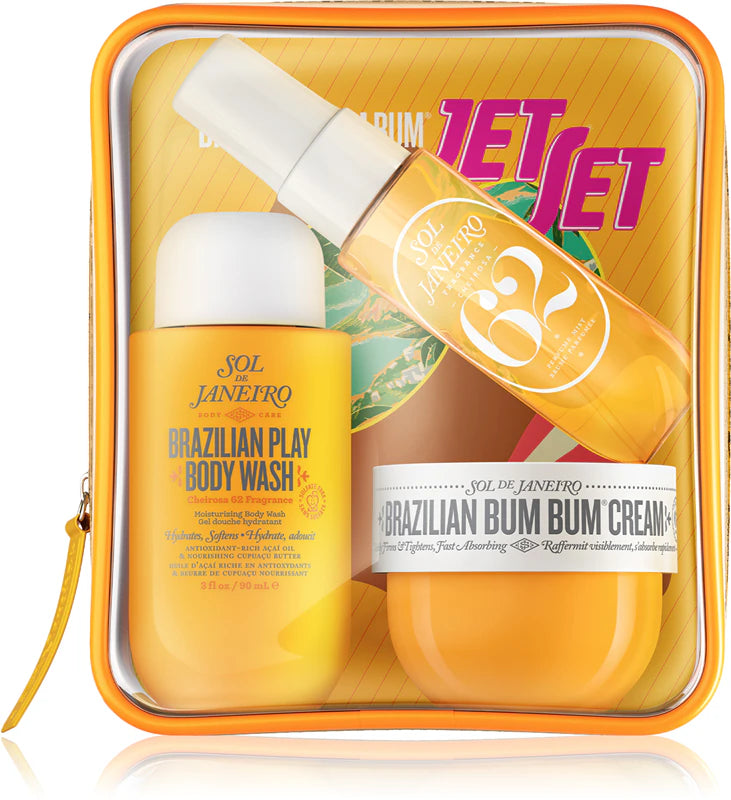 Sol de Janeiro Brazilian Bum Bum Jet Set with body cream and shower gel in colorful packaging for bath and body care.