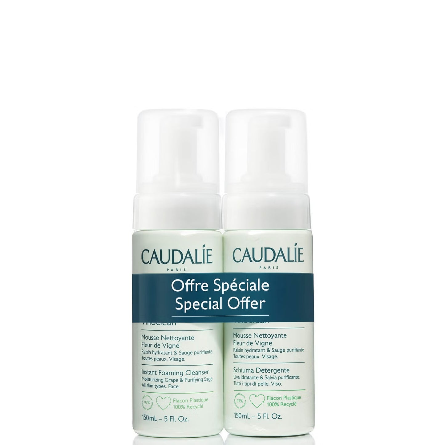 Caudalie Vinoclean Instant Foaming Cleanser Duo for skin cleansing, featuring two bottles of gentle foaming cleanser.