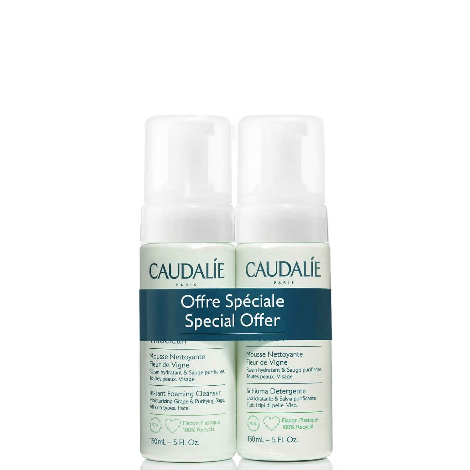 Caudalie Vinoclean Instant Foaming Cleanser Duo for skin cleansing, featuring two bottles of gentle foaming cleanser.