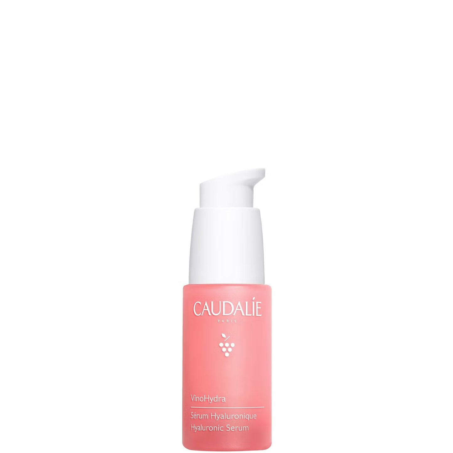 Caudalie VinoHydra S.O.S Hyaluronic Serum in 30ml bottle, hydrating skin care product with a clear glass container and pump dispenser.