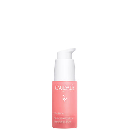 Caudalie VinoHydra S.O.S Hyaluronic Serum in 30ml bottle, hydrating skin care product with a clear glass container and pump dispenser.